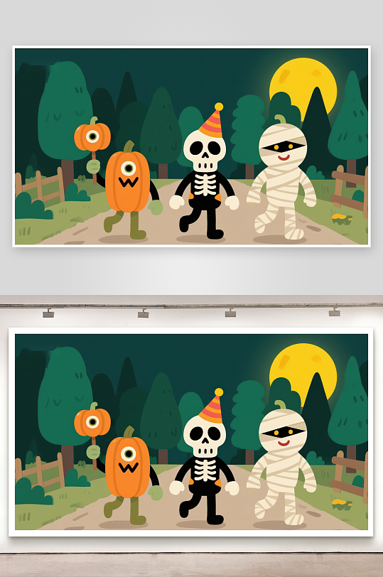 万圣节夜晚的卡通角色游行-众图网