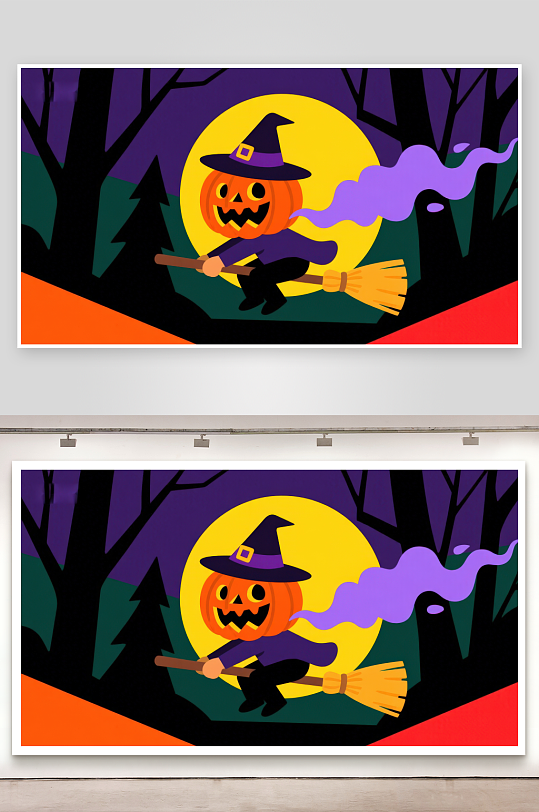 万圣节南瓜头女巫骑扫帚-众图网