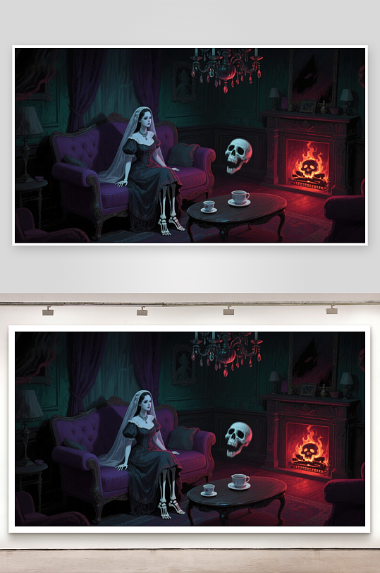 神秘女子与漂浮骷髅的幽暗客厅-众图网