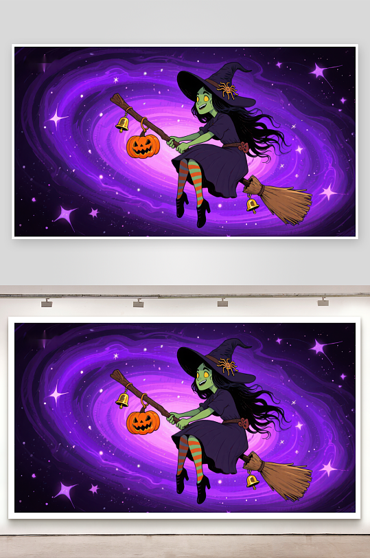 巫女骑扫帚夜空飞翔-众图网