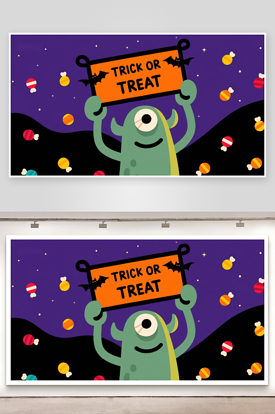 卡通怪物手持不给糖就捣蛋牌子-众图网