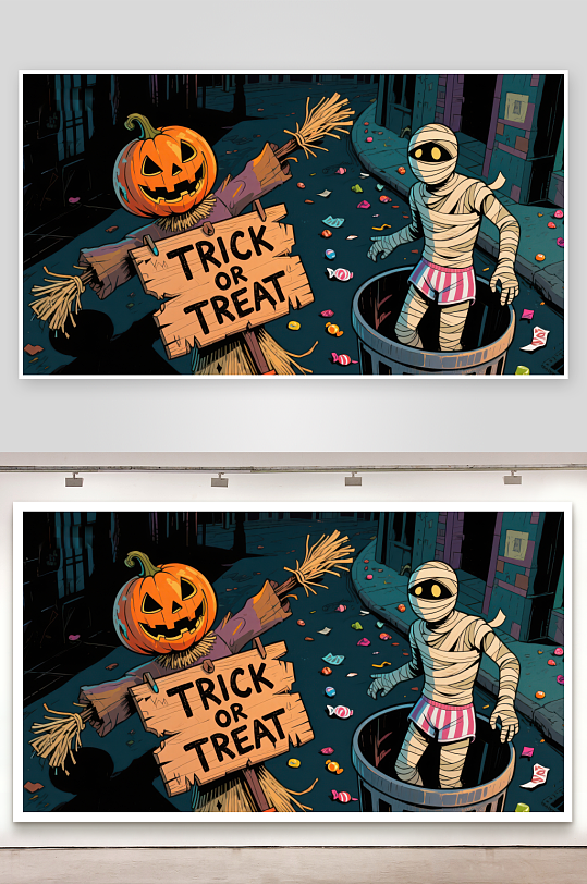 万圣节南瓜与木乃伊的街头趣景-众图网