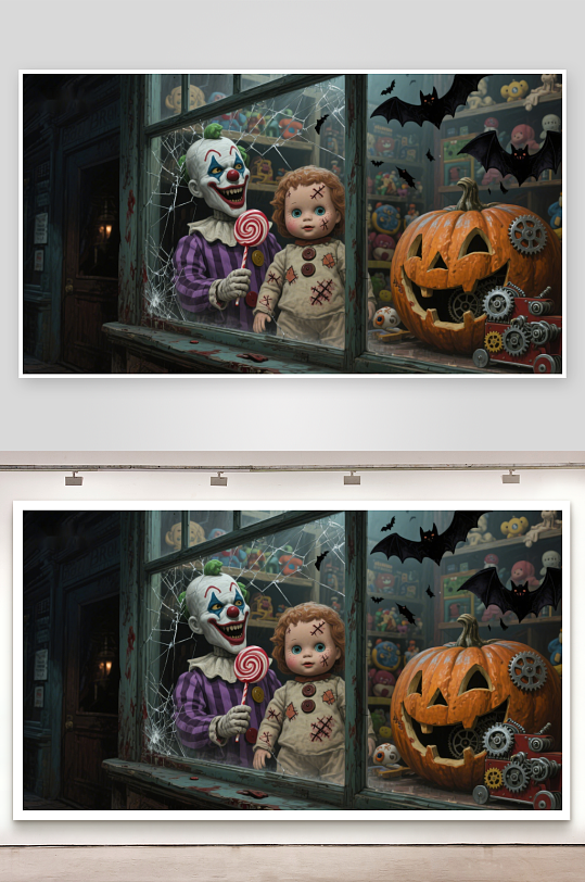 万圣节橱窗小丑与娃娃的诡异场景-众图网