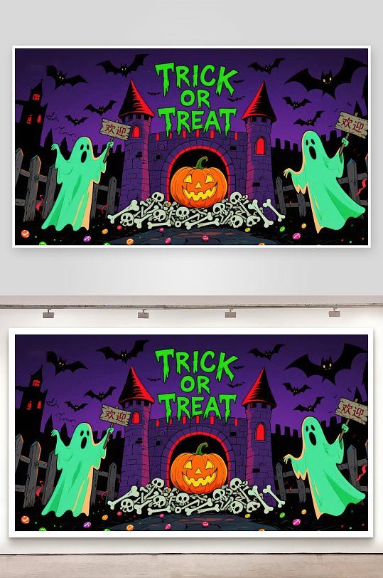 万圣节城堡前的幽灵与南瓜灯-众图网