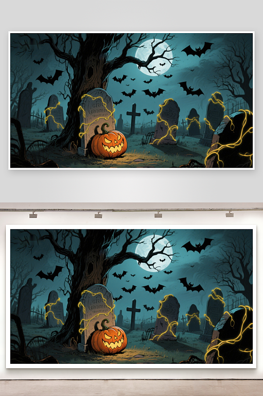 万圣夜墓地南瓜灯与蝙蝠-众图网