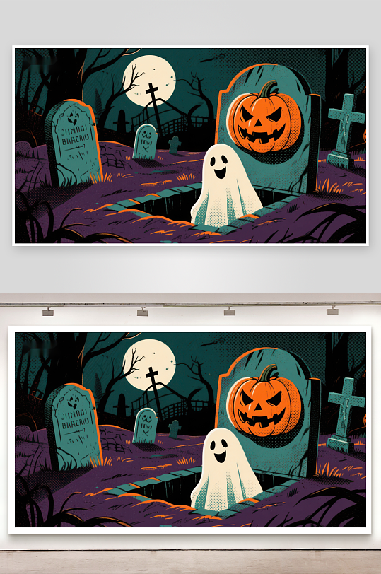 万圣夜墓地的南瓜与幽灵-众图网