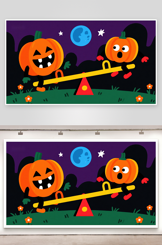 万圣节南瓜在跷跷板上玩耍-众图网