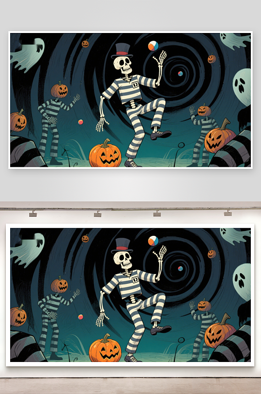 骷髅舞者与南瓜灯的万圣夜-众图网