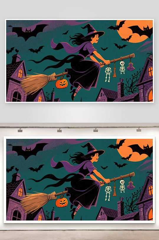 万圣夜女巫骑扫帚飞过小镇-众图网