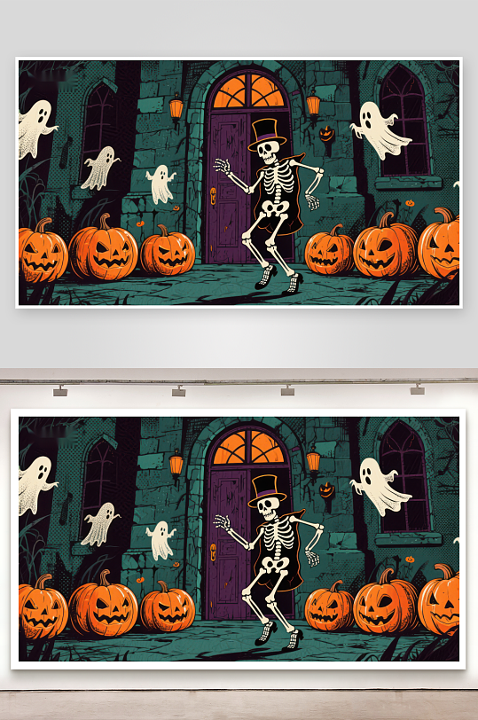 万圣节骷髅舞者与南瓜灯-众图网