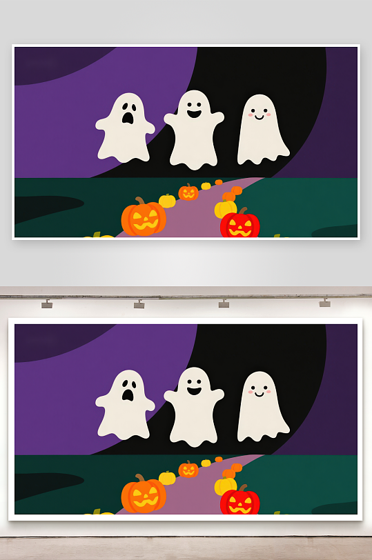 万圣节夜晚的三个小鬼和南瓜灯-众图网