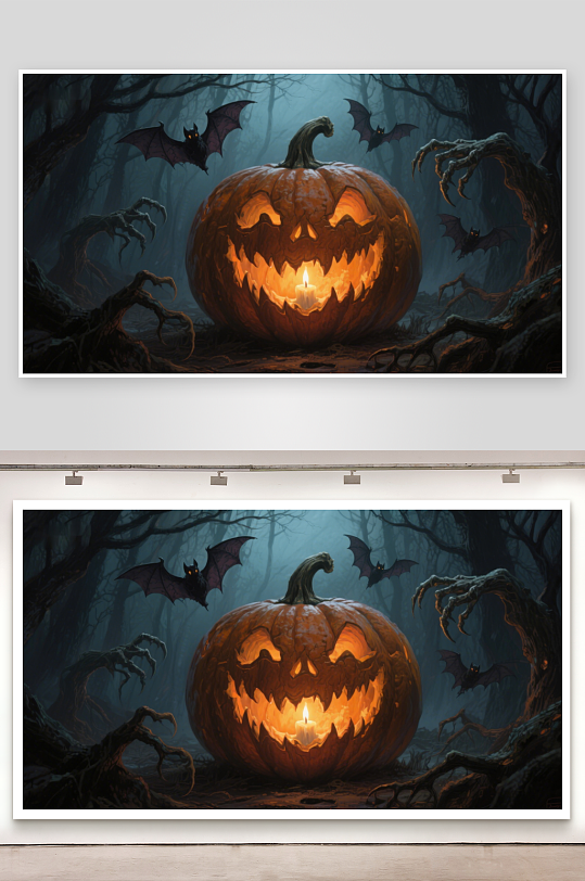 万圣节南瓜灯与飞蝠的神秘森林-众图网