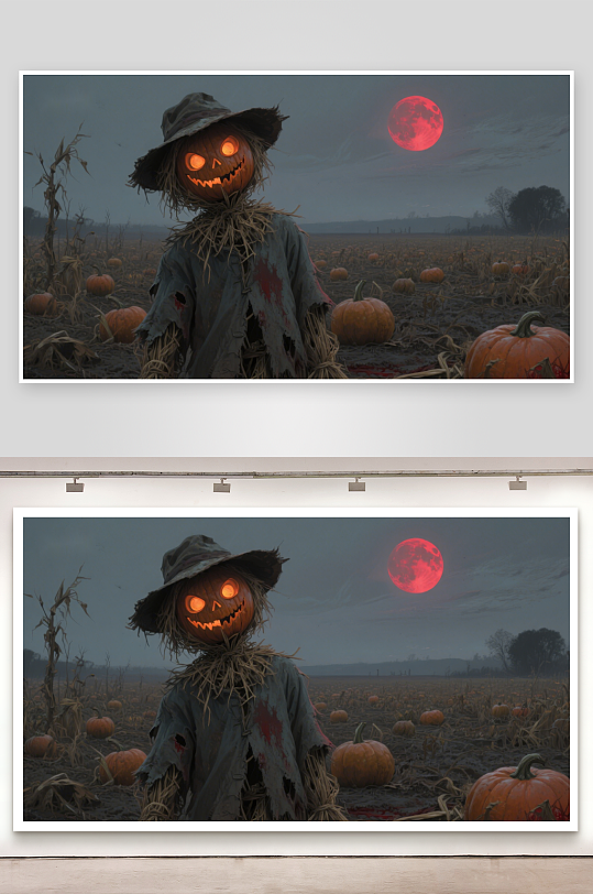 南瓜灯scarecrow在月光下的田野-众图网