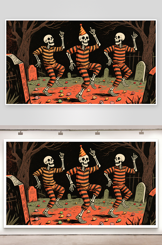 骷髅舞者在墓地狂欢-众图网