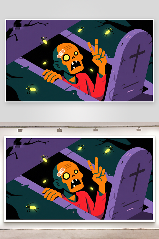 墓地中的骷髅僵尸举起胜利手势-众图网