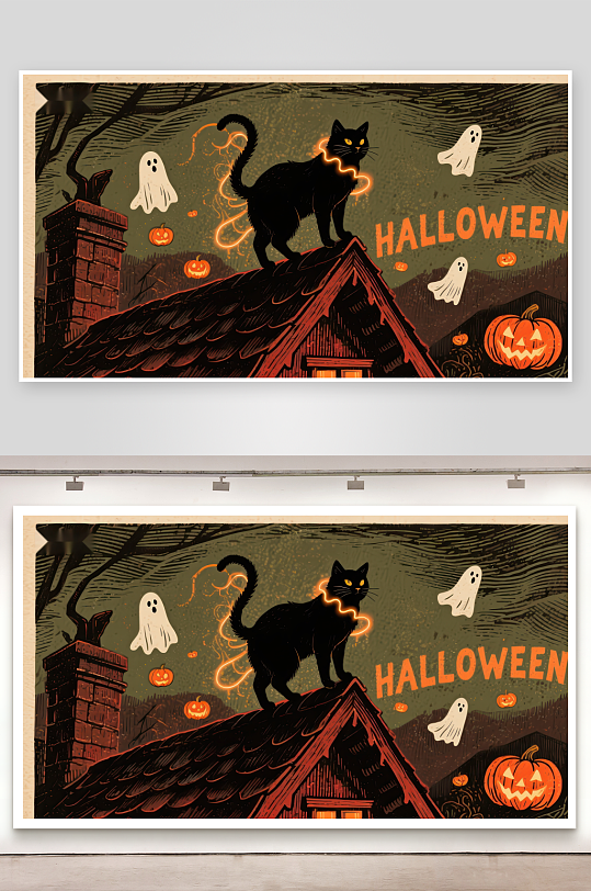 屋顶上的黑猫与幽灵万圣节夜景-众图网