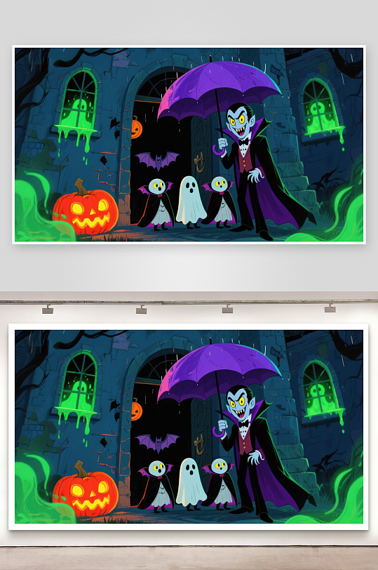 万圣节夜吸血鬼与小幽灵在古堡前-众图网