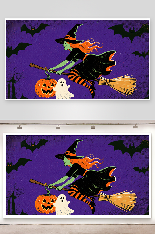 万圣节女巫骑扫帚携南瓜灯飞行-众图网