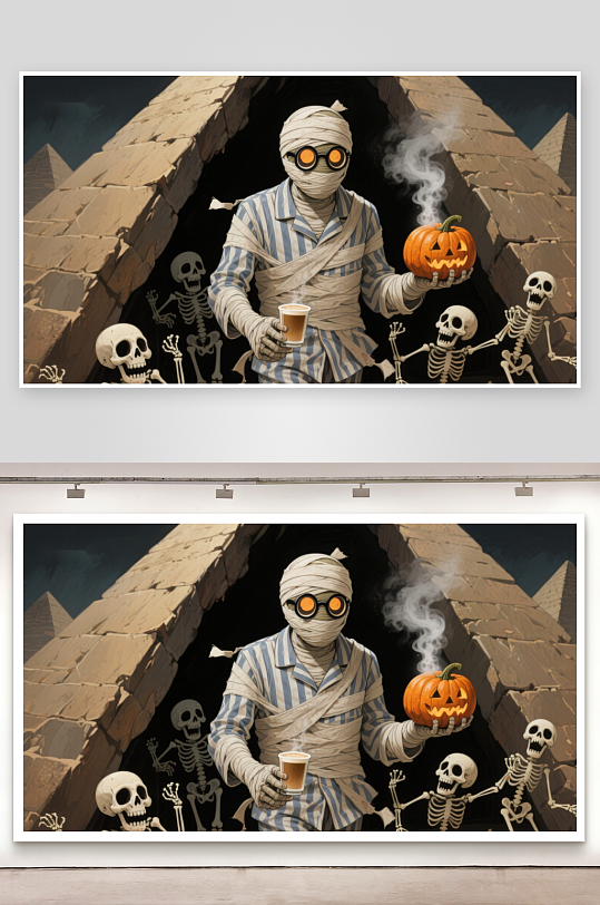 木乃伊手持南瓜灯骷髅环绕金字塔前-众图网