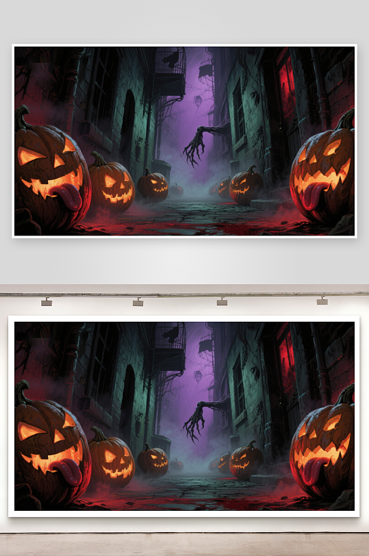 万圣节南瓜灯照亮的幽暗小巷-众图网