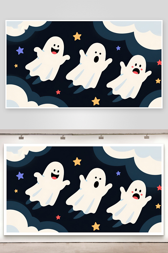 夜空中的三个可爱幽灵-众图网