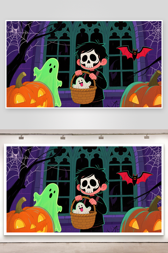 万圣节儿童装扮骷髅头-众图网