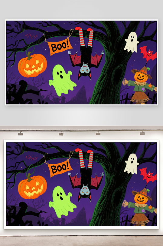 万圣节夜景南瓜幽灵与蝙蝠-众图网