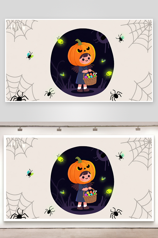 南瓜灯小女孩在万圣节夜收集糖果-众图网