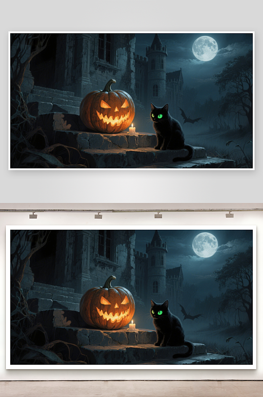 月夜古堡前的南瓜灯与黑猫-众图网