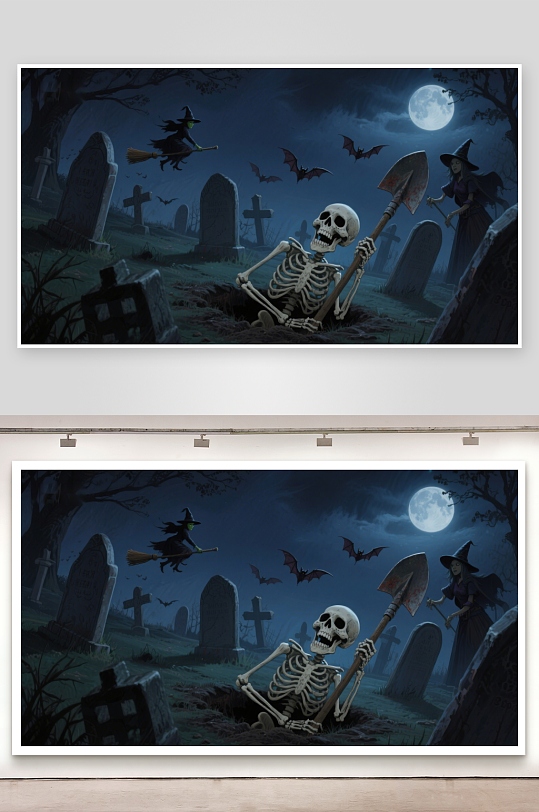 月夜墓地的骷髅与女巫-众图网