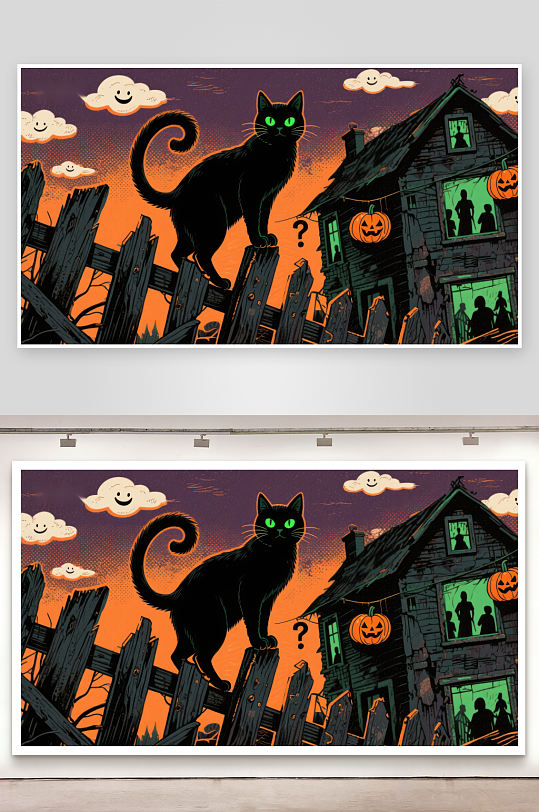 万圣夜黑猫与幽灵屋-众图网