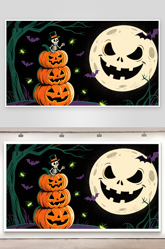 万圣节南瓜灯与骷髅月夜场景-众图网