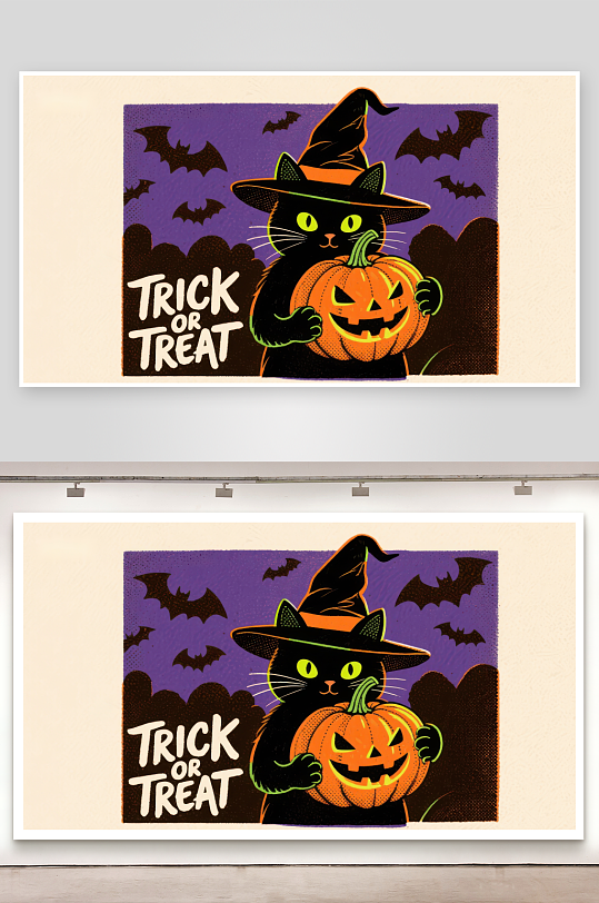 黑猫巫师帽手持南瓜灯-众图网