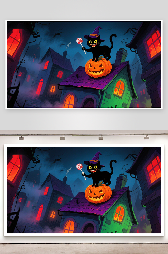 万圣夜猫巫师屋顶南瓜灯-众图网