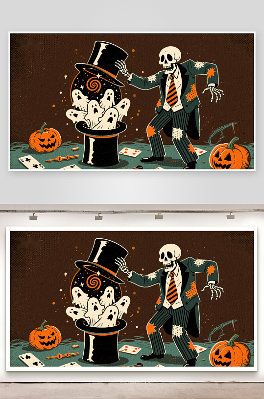 骷髅魔术师与幽灵的万圣节表演-众图网