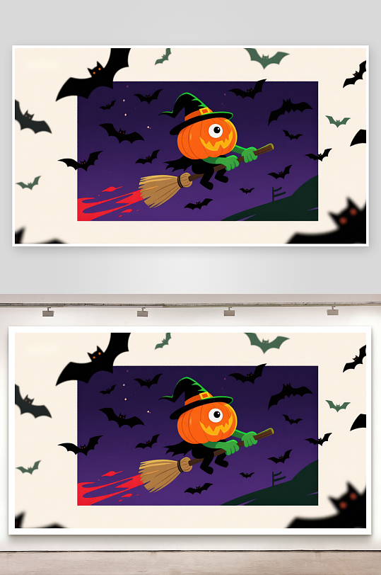 南瓜巫师骑扫帚夜空飞行-众图网