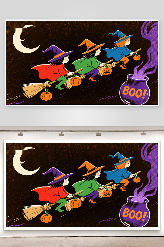 万圣节女巫乘扫帚飞行-众图网