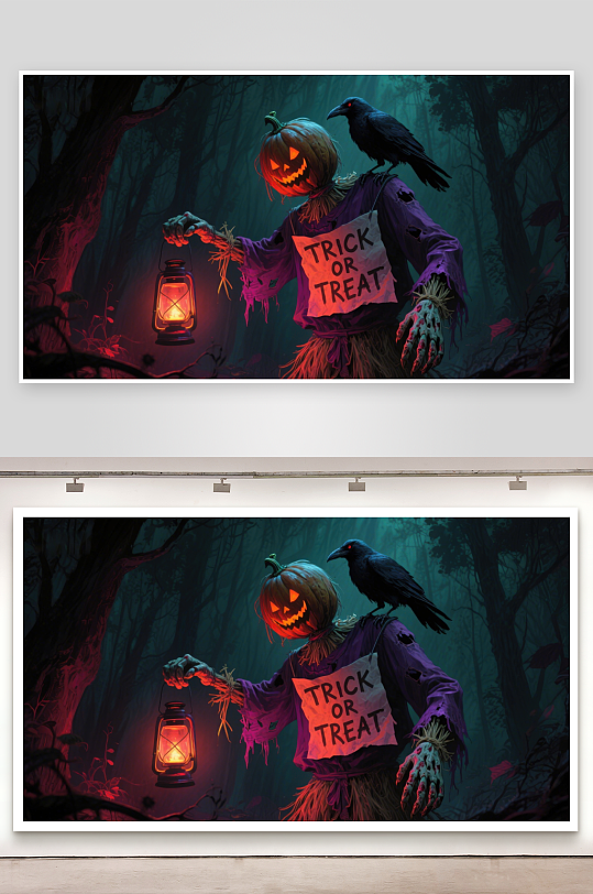 万圣节南瓜头稻草人手持灯笼-众图网