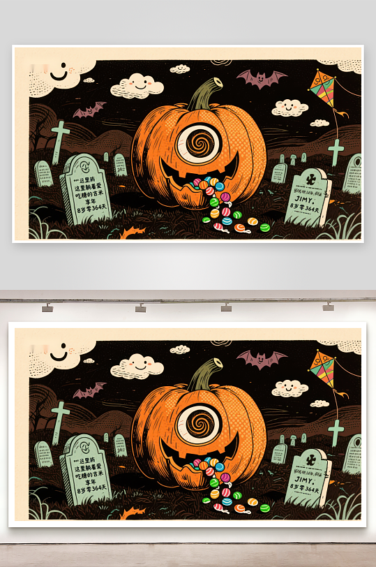 万圣节南瓜灯与糖果墓地夜景-众图网