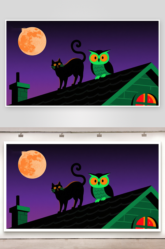 夜空下的猫与猫头鹰-众图网