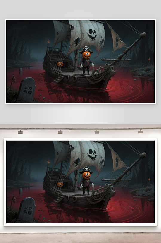 幽灵海盗船在血色湖面航行-众图网