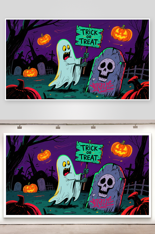 万圣节幽灵与墓碑的欢乐场景-众图网