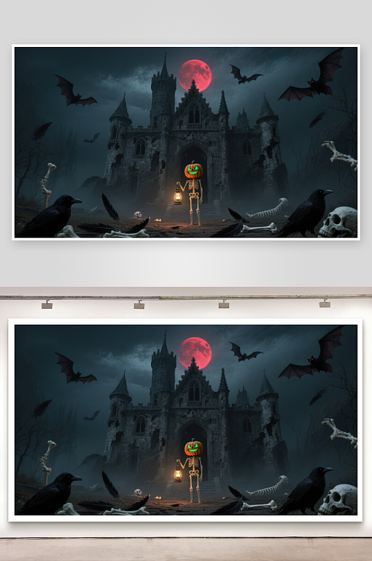 万圣夜城堡前的南瓜骷髅-众图网