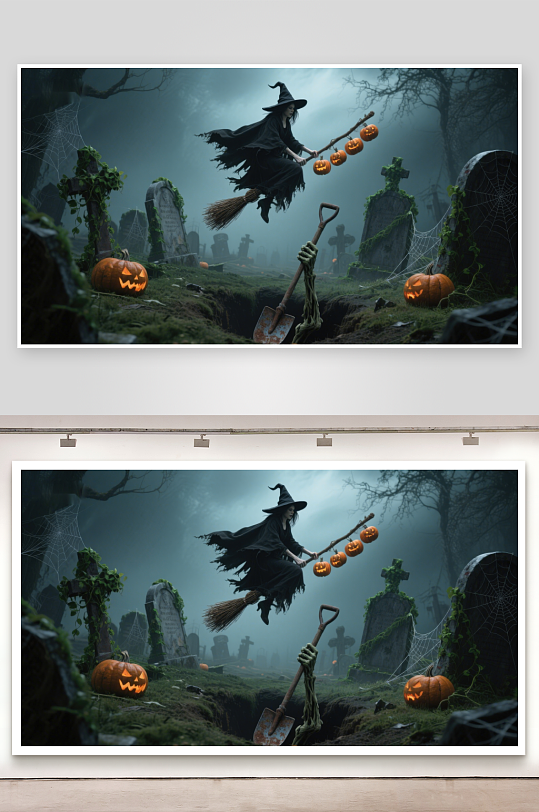 万圣夜巫婆飞越墓地-众图网