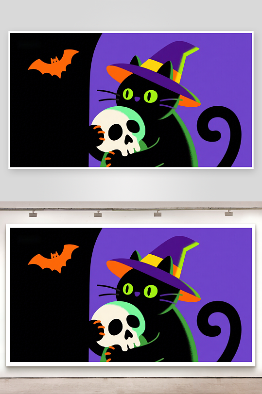 万圣节黑猫戴巫师帽抱骷髅-众图网