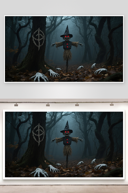 幽暗森林中的恐怖稻草人-众图网