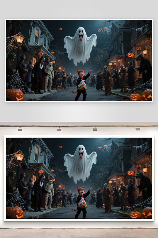 万圣节夜小孩与幽灵共舞-众图网