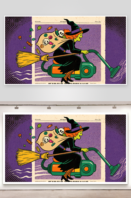 巫女骑扫帚吸尘器糖果骷髅相伴-众图网