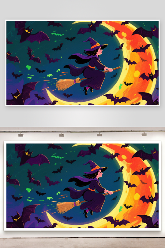 巫女骑扫帚飞越弯月-众图网