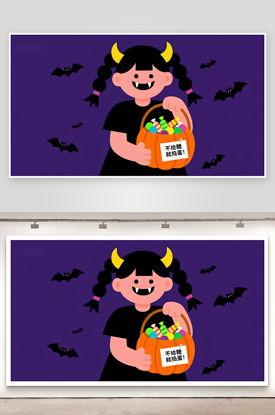 小女孩手持糖果篮庆祝万圣节-众图网